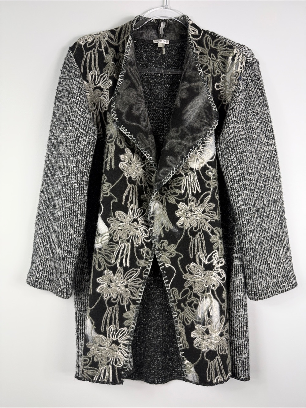Sioni Floral Embroidered Longline Cardigan L Black Gray Open Front